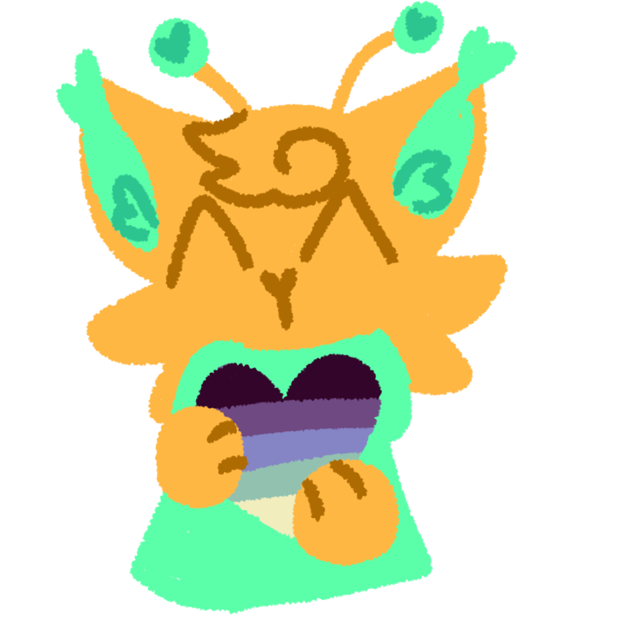  a happy orange cat-alien hybrid with green ears, coat, and antennae tips holding a heart. the heart has the colors of the plural flag, which are dark purple, purple, blue, green, and tan